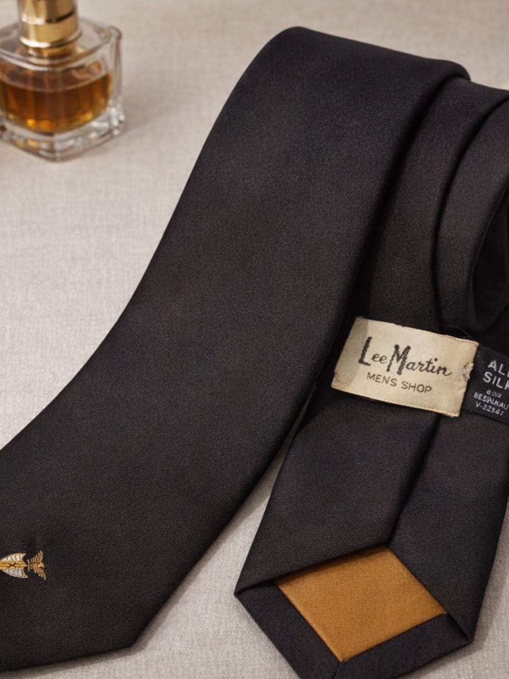 Vintage Lee Martin BLack Men's Tie with Small Gold Crest - Classic Formal Style